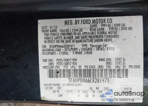 2012 Ford Fusion Se z USA, uszkodzony, nr VIN 3FAHP0HA6CR281971